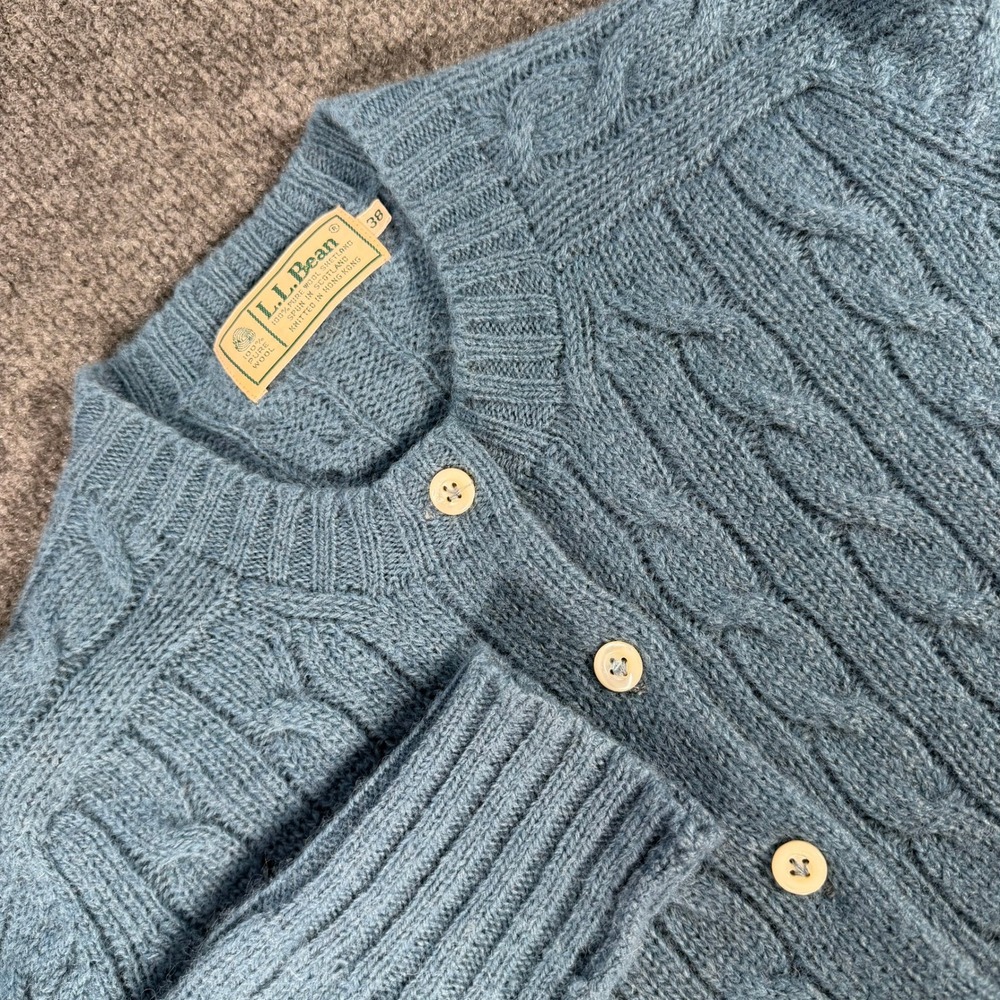 LL Bean Blue Cable Knit Cardigan Sweater 100% Shetland Wool Vintage Sz 38 #4385
